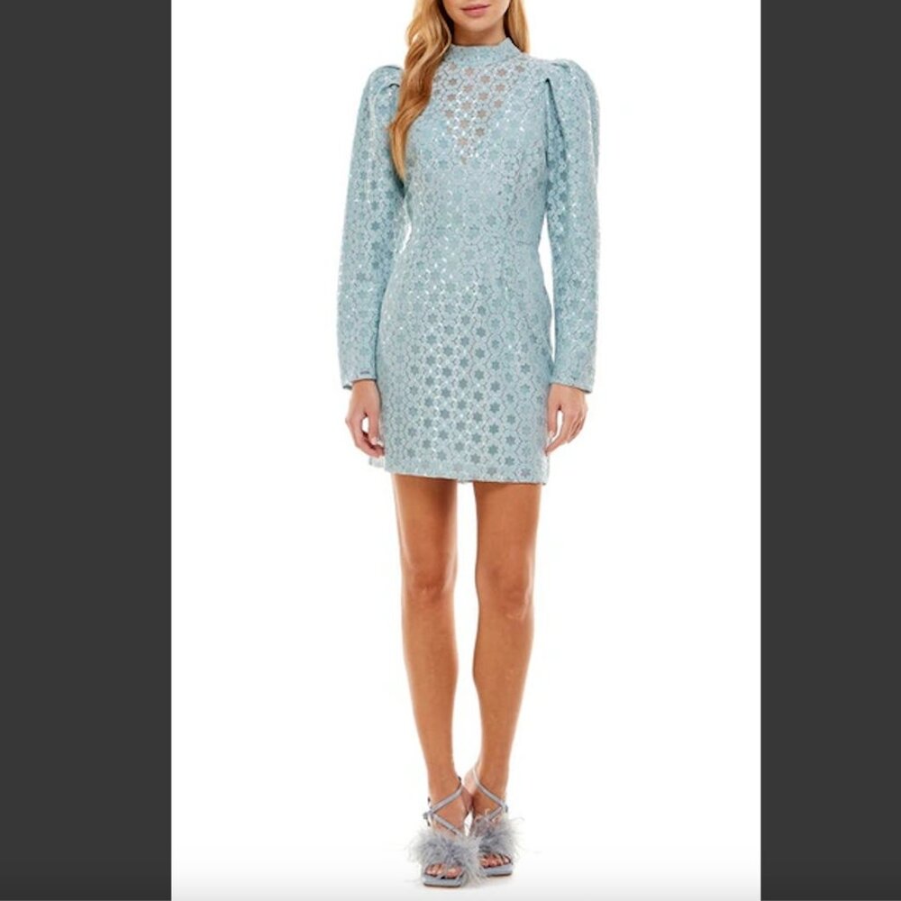 WAYF: Elan Metallic Lace Mini Dress - Powder Blue